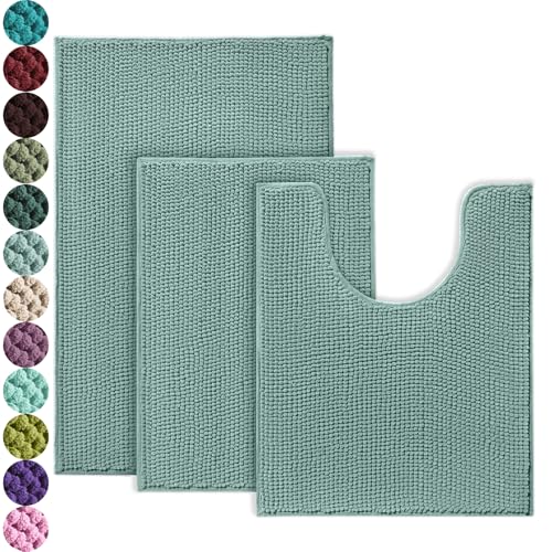 Urvoix Bathroom Rugs Sets 3 Piece, Non-Slip Chenille Bath Rug - Ultra Soft, Washable, Super Absorbent Bath Mat for Bathroom, Toilet and Tub (Aqua Sea) - color: Aqua Sea