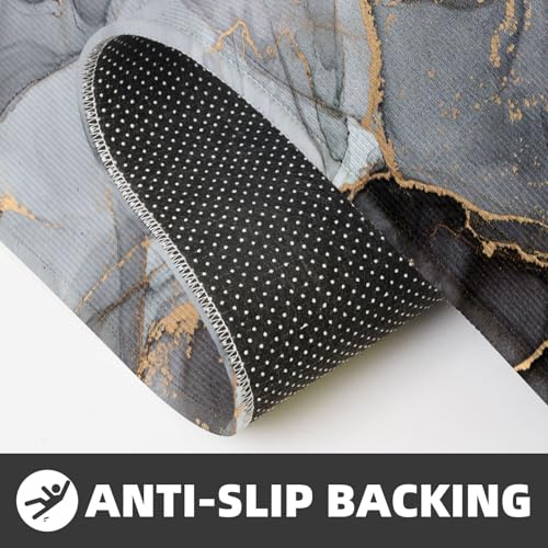 Black Grey Marble Print Kitchen Rugs Microfiber Floor Mats Cushioned Carpet Runner Rug for Laundry Bathroom Living Room, 2 Piece Set 17"X 47" + 17"X 30" - color: Black Grey Marble Print
