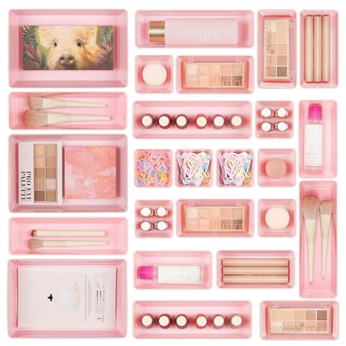 Vtopmart 25 PCS Plastic Drawer Organizers Set, 4-Size Versatile Bathroom and Vanity Drawer Organizer Trays, Storage Bins for Makeup, Bedroom, Kitchen Gadgets Utensils and Office | Plastic storage bins for organizing bathroom, bedroom, kitchen and office d