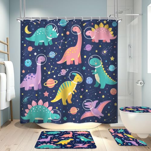 4PCS Kids Dinosaur 71Wx71H Inches Funny Cute Planet Colorful Outer Space Shower Curtain Sets with Rugs, Toilet Lid Cover and Bath Mat, Boys Bath Accessories Art Home Decor Fabric 12 Pack Hooks - color: C1-blue