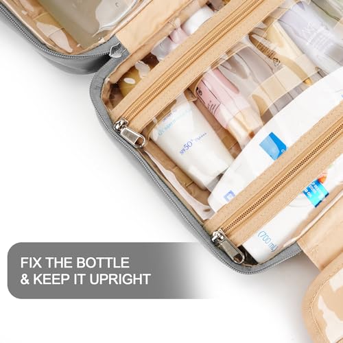 Travel Hanging Toiletry Bag for Women and Men, with 8 Leak Proofing Silicone Bottle Covers, Waterproof Makeup Accessories, Cosmetic Essentials, Cruise Ship Toiletries Bag with Jewelry Organizer, Grey - color: Grey, size: Medium*1 + Leak Proofing Bottle Co