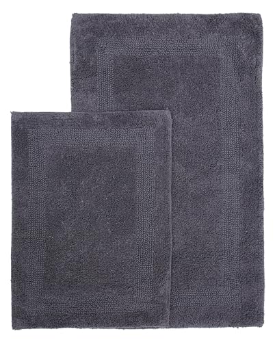 WOVEN ST. Reversible Tufted Bath Rugs | Area Rugs for Spa, Vanity Shower, Bathrooms, Kitchen, Bedroom | Water Absorbent Linens | 100% Cotton | Pack of 2 | 17’’ x 24’’ & 21’’ x 34’’ Inches | Dark Grey - color: Dark Grey, size: 17" x 24" (Rectangular) + 21"