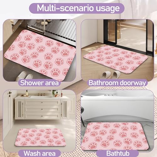 Paws Pink Bathroom Rugs Mat, Super Absorbent Quick Drying Floor Mat for Bathroom Entryway 17"x30" - color: Paws Pink