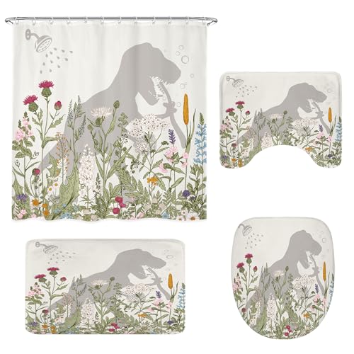 4PCS Wildflower Dinosaur Kids 71Wx71H Inches Floral Rustic Botanical Shower Curtain Sets with Rugs, Toilet Lid Cover and Bath Mat, Cute Bath Accessories Art Home Decor Fabric 12 Pack Hooks - color: B1-dinosaur