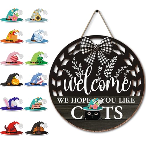 Interchangeable Seasonal Welcome Hanging Sign - Farmhouse Front Door Decoration for Holidays - Rustic Round Wood Wreaths with 12 Icons – Welcome Cat Lover(Black) - color: catsblack