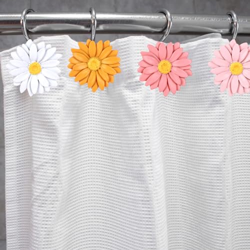 Whaline 12Pcs Boho Daisy Shower Curtain Hooks Summer 4 Colors Flower Shower Rod Rings Floral Decorative Curtain Hanger Hooks for Living Room Bedroom Bathroom Decor - color: Boho Colors