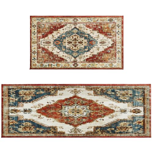 Boho Geometric Kitchen Runner Rug 2 PCS Vintage Pattern Kitchen Floor Mats Non Slip 17"x47"+17"x30", Distressed Texture Washable Rugs for Hallway Laundry Sink Decoration - color: Boho Geometric