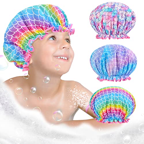 Olypegic Kids Shower Cap, 3 Pcs Girls Shower Cap for Kids Reusable Waterproof Adjustable Large Hair Cap Unicorn Mermaid Rainbow Cute Hair Cover Hat - color: Mermaid