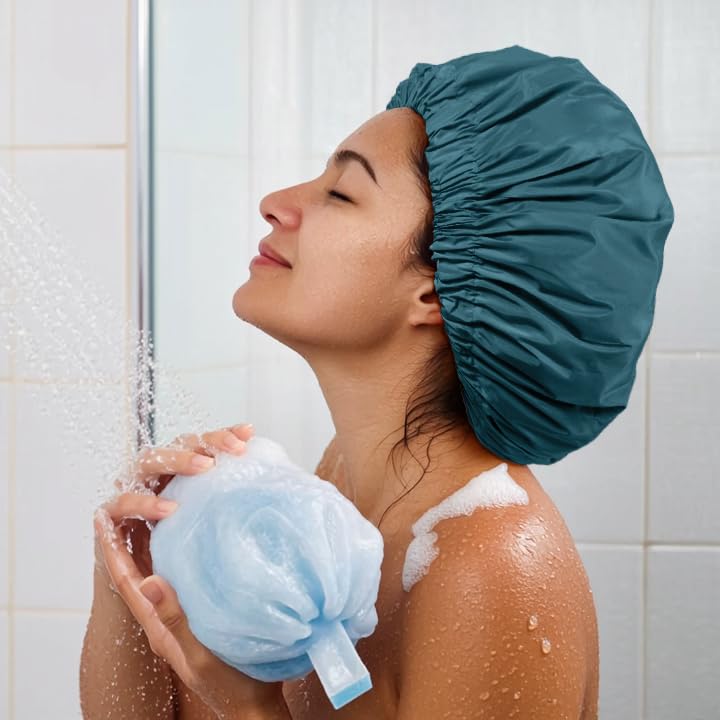 Edoneery Reusable Shower Caps for Women, Waterproof Long Hair Bonnet | Washable Design, Wide Elastic Band, Large Fit, Holds Long Hair, Braids Friendly, Bath Accessories, Spa, Travel - color: Blue Zircon