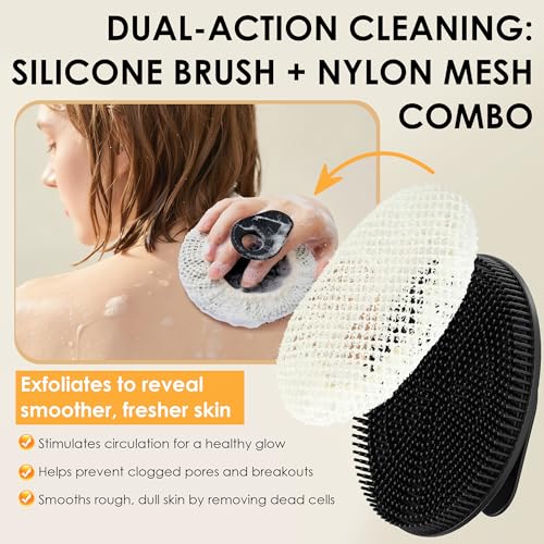 African Net Exfoliating Sponge Case with Silicone Body Brush, Black | 2in1 Quick-Dry Bath Mesh Washcloth Shower Scrubber, Massaging, Cleansing, Skin Smoother, INNERNEED - color: Black
