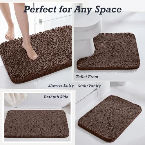 HUXMEYSON Bathroom Rugs Set 2 Piece, Ultra Absorbent Chenille Non Slip Bathroom Mat Set - 17'' x 24'' Plush Bathroom Rug & 20'' x 32'' Extra Soft Bath Mat - Machine Washable, Brown - color: Brown, size: 24" x 17" + 32" x 20"