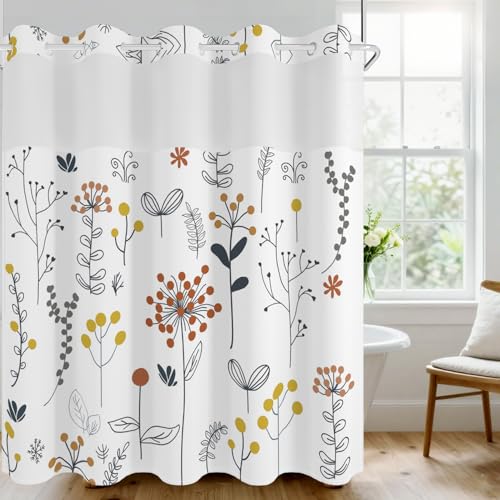 No Hook Shower Curtain with Snap in Fabric Liner Set, Waterproof & Washable, Farmhouse Cute Floral Shower Curtains for Bathroom, Spring Summer Botanical Plants Bathroom Curtain, House Gift, 71x74 inch - color: Hand-drawn Botanical