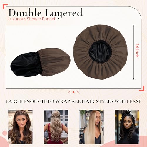 Extra Large Shower Cap for Women, Reusable Waterproof Shower Bonnet with Satin Lining, Double Layer Washable Bath Hair Cap for Braids, Locs, Long Thick Curly Hair, Natural Hair(Big Dark Coffee) - color: Dark Coffee