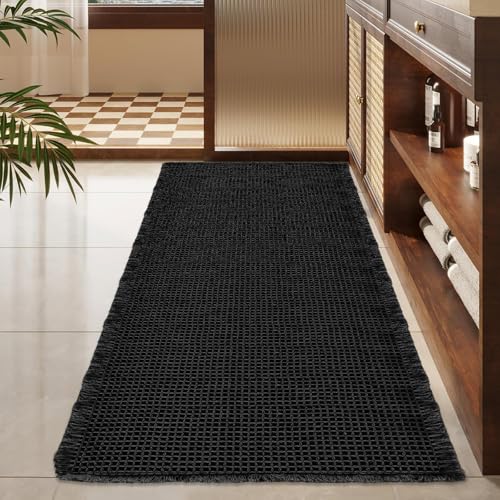 ZALL Waffle Bath Mat Black Super Absorbent Non Slip Bathroom Rug,Rhombus Geometric 24x48inch,Machine Washable Ultra Soft Floor Mats - color: Black, size: 24 x 48 inches(Rectangular)
