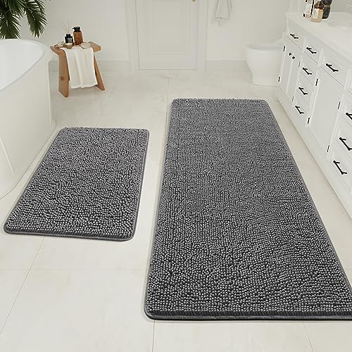 LOCHAS Bathroom Rugs Sets 2 Piece, 20 x 32 Plus 24 x 60 Inches Thick Non Slip Bath Rug Set, Absorbent Soft Chenille Bath Rug, Machine Washable Quick Dry Bath Mat for Bathroom Floor, Grey - color: Grey, size: 2' x 5' (Rectangular)