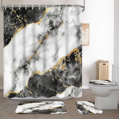 Lnond 4Pcs Bathroom Sets with Shower Curtain and Rugs, Marble Bathroom Shower Curtain Sets, Black White Gold Modern Art Bathroom Sets with Rugs and Accessories - color: Black Grey Marble