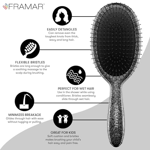 FRAMAR Glitter Hair Brush Detangler, Detangling Hairbrush For Women, Wet Hair Brush For Girls, Hair Detangler Brush, Wet Hairbrush, Hairbrushes, Girls Hairbrush Detangler, Reduces Frizz - Black - color: Glitter - Black