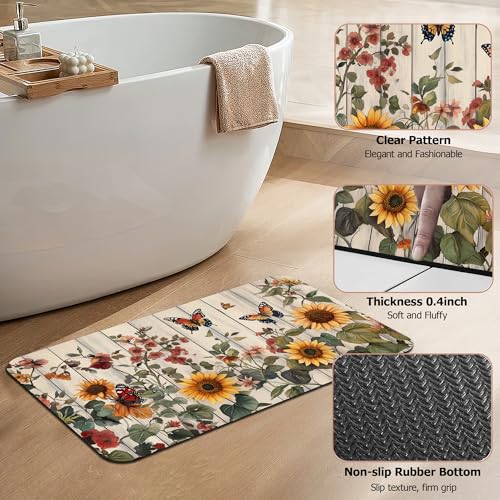 Vintage Flower Bathroom Rugs,Bath Mats for Bathroom,Rustic Wooden Low Pile Absorbent Bath Mat,Rubber Backing Non Slip Washable Thin Quick Dry Door Mat 17x29.5 Inch - color: Vintage Flower,rustic Wooden