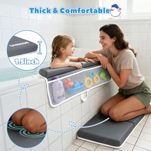 UNEEDE Baby Bath Kneeler & Elbow Pad Set, 1.5" Thick Memory Foam Bath Mat | Kneeling Pad with Elbow Support and Bath Toy Storage Bag, Bathtub Mat with Toy Organizer for Bathing Infant or Toddler, Greye