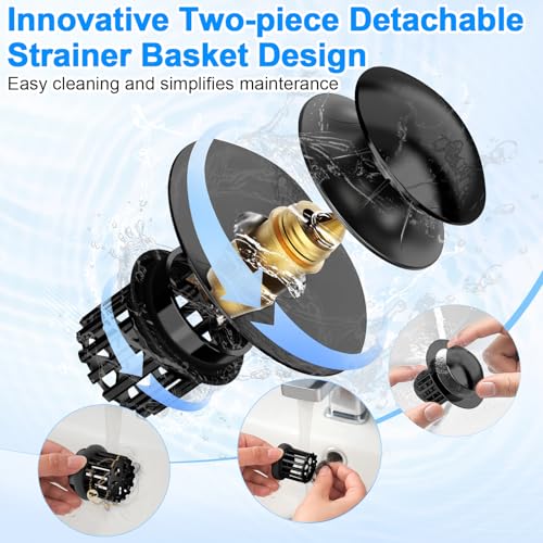 Universal 3 in 1 Bathroom Sink Drain Strainer,Pop Up Bathroom Sink Stopper with Removable Filter Basket,Sink Hair Catcher,Bathroom Drain Stopper Sink Plug for 1.1"-1.65" Basin Drain Holes Black - color: Black
