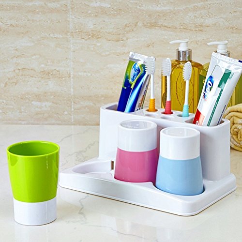 Toothbrush Holder 5 Hole Toothpaste Stand Bathroom Organizer with 3 Rinse cups for Family Set