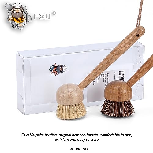 FOLI Bamboo Handle Dish Scrub Brushes - Wooden Cleaning Scrubbers with Stiff Bristles for Washing Kitchen Cast Iron Pan Pot (2PCS with Sisal & Palm Bristles, Long Handle)