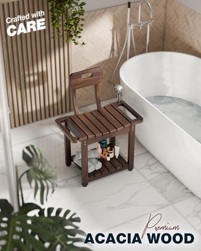 BLUEWEST 23.4'' Shower Chair with Backrest Bath Chair for Inside Shower or Tub, Heavy Duty 450 lbs Support, Non-Slip Feet, Shelf Storage, Built-in Handles for Elderly or Adults (Acacia) - color: Walnut