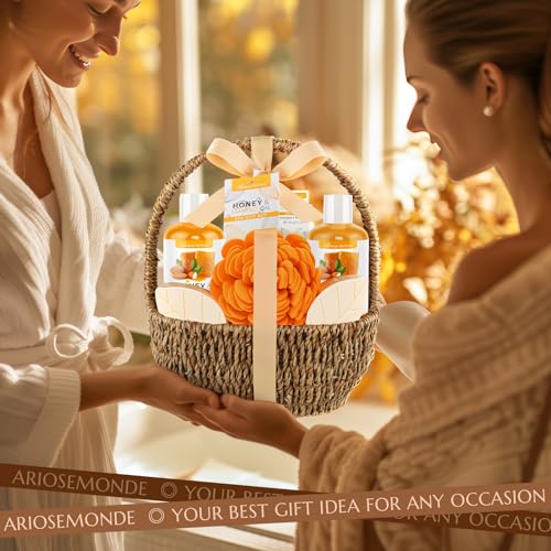Bath Spa Gift Basket, Bath & Body Gift Set for Women & Men, Includes Shower Gel, Bubble Bath, Bath Salt, Bath Sponge, Spa Gift Box for Mother's Day, Birthday, Wedding, Honey & Almond 8pcs