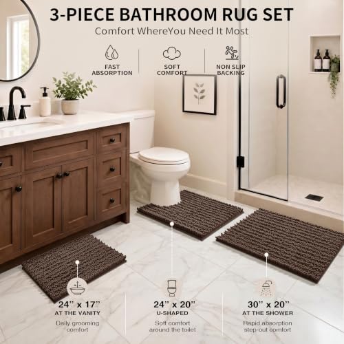 Yimobra Brown Bathroom Rug Set 3 Piece - Super Absorbent Quick Dry Chenille Bath Mats & Toilet Rug, Non Slip Machine Washable, Extra Thick Shaggy Floor Mat for Shower Tub Sink - color: Brown, size: 24"x17" + 24"x20" + 30"x20"