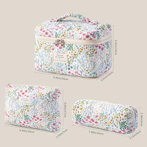 HBselect Quilted Makeup Bag, 3PCS Cotton Large Travel Makeup Bag, Cute Floral Coquette Make up Bag Cosmetic Bag Toiletry Bag for Women Girls - color: A-3PCS-Floral 41