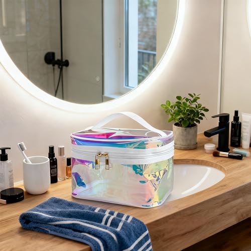 Waterproof Holographic Blue PVC Makeup Bag with Handle - 8.66 * 5.51 * 5.51 inch Travel Cosmetic Organizer for Women Men Toiletry Pouch (Holographic Blue - L) - color: Holographic Blue - L