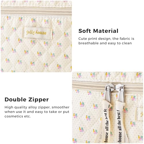 HBselect Quilted Makeup Bag, 3PCS Cotton Large Travel Makeup Bag, Cute Floral Coquette Make up Bag Cosmetic Bag Toiletry Bag for Women Girls - color: A-3PCS-Flower