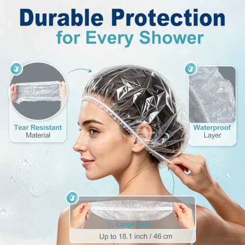Disposable Shower Caps, 100 Pack - 18.1" Large Thick Waterproof Elastic Bath Caps, Clear Plastic Hair Covers for Women Home Travel Hotel Spa & Salon