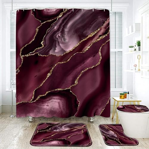 NEWSUYAA 4 Sets Purple Marble Shower Curtain with Bath Rugs, Abstract Marble Match Gold Crack Bathroom Décor with Toilet Seat Lid Area Mats Absorbent Pedestal Pads Carpets and Hooks - color: Bright Purple