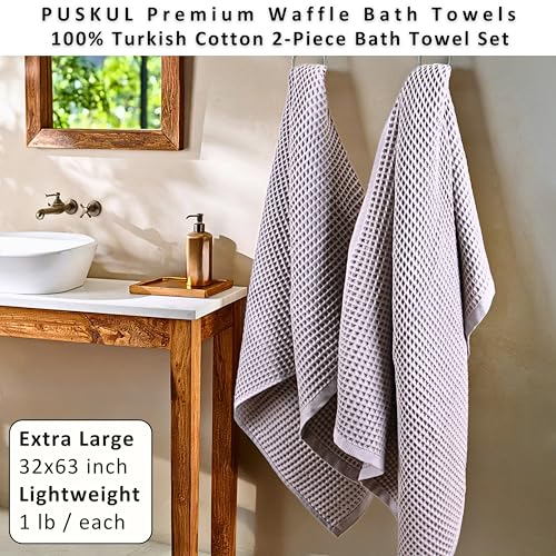 PÜSKÜL Natural 100% Turkish Cotton Waffle Bath Towels Set of 2-Piece | 32x63 inch Extra Large Absorbent Quick-Dry Lightweight Spa Towel | Luxury Sauna Accessories (Gray, Bath Towels - Pack of 2) - color: Gray