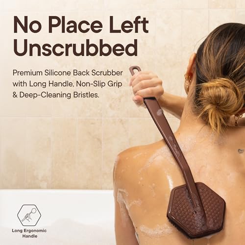 TOOLETRIES Silicone Back Scrubber for Shower, Bath Brush - Chocolate | Long ergonomic handle and non-slip grip make exfoliating hard-to-reach areas simple and comfortable. - color: Chocolate