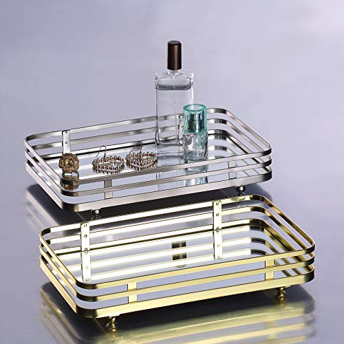 SunnyPoint Classic Decorative Vanity Perfume Dresser Jewelry Organizer Makeup Mirror Tray (Satin Nickel) - color: Satin Nickel, size: 10.4" x 6.7" x 2"