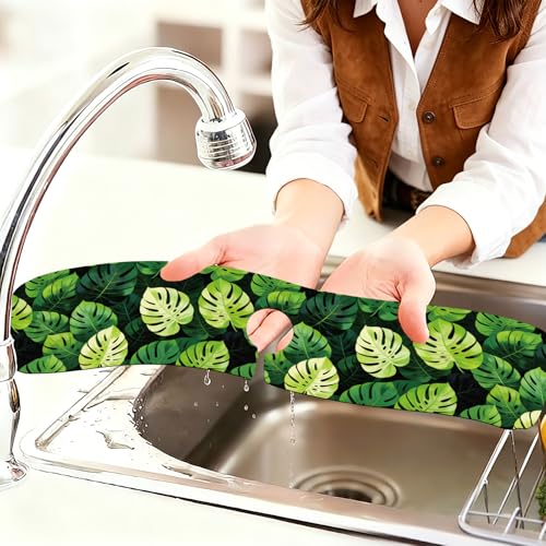 2 Pcs Kitchen Sink Splash Guard Faucet Mat Monstera Leaves Pattern Faucet Mat for Sinks Absorbing Drying Mats for Kitchen Bathroom - color: Monstera Leaves
