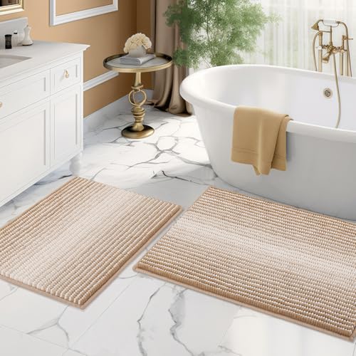 BSICPRO Bathroom Rugs and Mats Sets, 2 Piece Thick Absorbent Chenille Bath Mat Rug Set Non Slip, Soft Shaggy Bath Room Floor Mats for Bathroom, Machine Washable (20" x 32" Plus 16" x 24", Beige) - color: Beige, size: 20" x 32" Plus 16" x 24"
