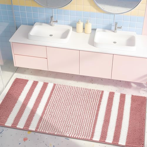 BSICPRO Bathroom Rugs, 47x20 Inch Extra Soft Absorbent Shaggy Chenille Bath Rugs, Non Slip Backing Quick Dry Machine Washable Modern Bath Mat for Bathroom Floor, Home Decor Accessories,Dusty Pink - color: Dusty Pink, size: 47" x 20"