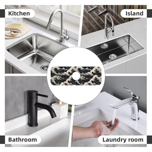 Japanese Wave Black 15" X 5.5" Kitchen Sink Splash Guard Faucet Faucet Guard Draining Mat Sink Splash Guard Faucet Kitchen Bathroom - color: Japanese Wave Black