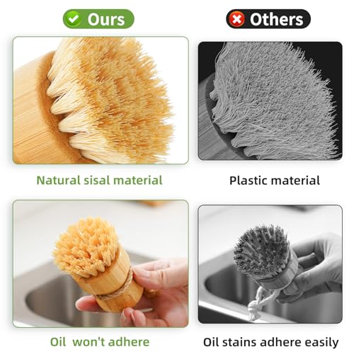 SUBEKYU Bamboo Dish Scrub Brushes, Bubble Up Bamboo Dish Brush Set with Brush Tray, Kitchen Wooden Cleaning Scrubbers Set for Washing Cast Iron Pan/Pot, Natural Sisal +Coconut Palbristles, Set of 2 - color: Sisal + Palm Brush, 2p