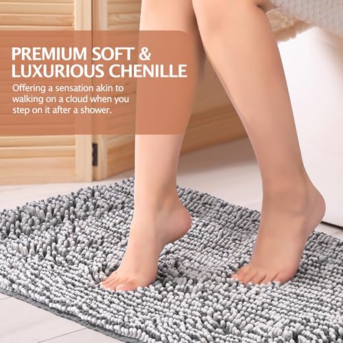 Chenille Bathroom Rugs Set 2 Piece, Absorbent Bath Rugs, Non-Slip Bath Mats, Machine Washable Rugs for Bathroom Floor, Tub and Shower, Grey&White (47 x 20 Plus 17 x 24 - Inch) - color: Gray & White-2