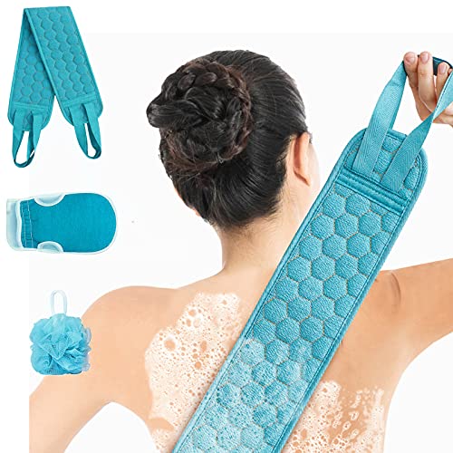 S&R PLKOP Exfoliating Body Scrubber Set -Exfoliating Glove,Back Scrubber and Shower Loofah for Women and Men Shower(3 Pack, Green)