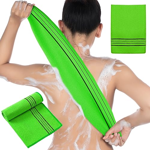 Hosuly 2 Pcs Korean Exfoliating Washcloth and Mitts Set Long Exfoliating Back Italy Towel Scrub Mitt Wash Cloth Scrubber for Women Men Shower Dead Skin Removing Dry Skin (Green) - style: Green