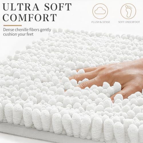 Yimobra Bathroom Rugs Non Slip Washable - Ultra Soft Absorbent Chenille Bath Mat, Quick Dry Shaggy Floor Carpet for Tub Shower, White Home Decor Accessories, 24x17 Inch - color: White, size: 24" X 17"