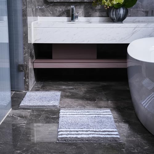3 Piece Striped Bathroom Rug Set - U-Shaped Toilet Rug, Non-Slip Rubber Bottom, Ultra Soft Microfiber, Quick Dry - (Grey) - color: Light Grey