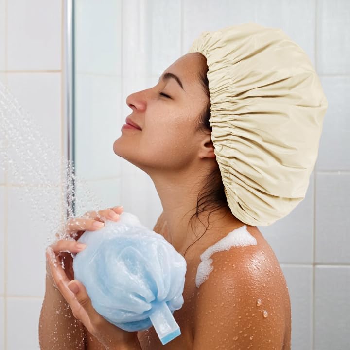 Edoneery Reusable Shower Caps for Women, Waterproof Long Hair Bonnet | Washable Design, Wide Elastic Band, Large Fit, Holds Long Hair, Braids Friendly, Bath Accessories, Spa, Travel - color: Light Champagne