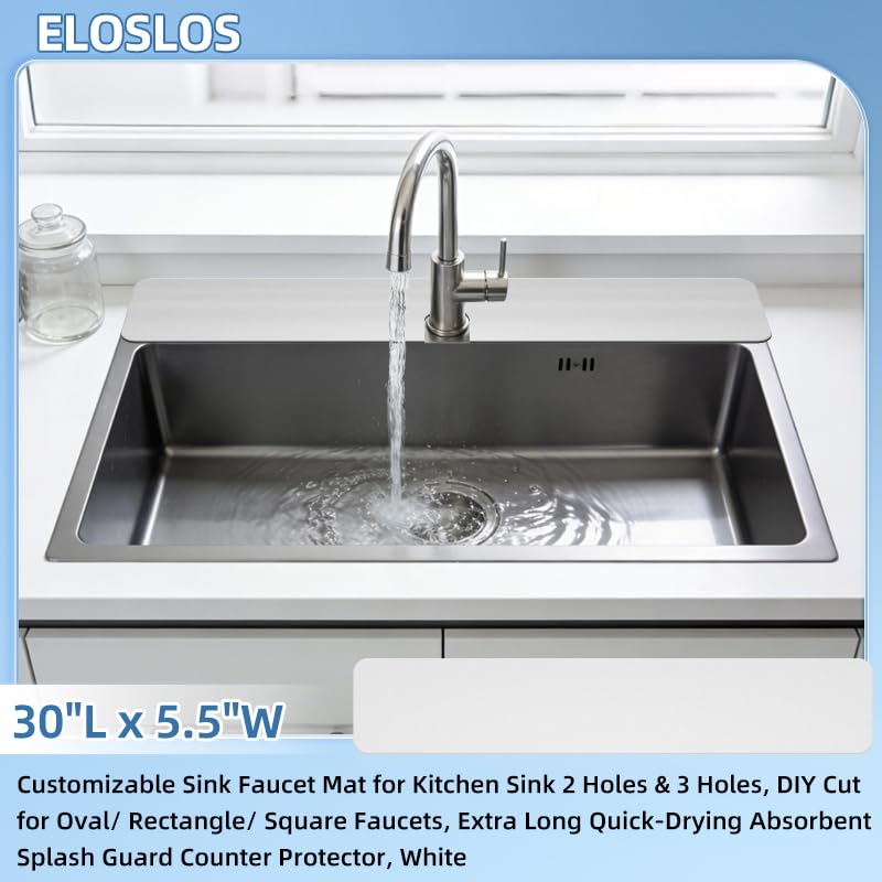 30"L x 5.5"W Customizable Sink Faucet Mat for Kitchen Sink 2 Holes & 3 Holes, DIY Cut for Oval/Rectangle/Square Faucets, Extra Long Quick-Drying Absorbent Splash Guard Counter Protector, White - style: 1 Pcs White