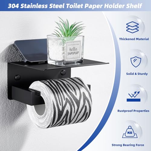 APLusee Toilet Paper Holder with Shelf Matte Black, 304 Stainless Steel Tissue Holder, Wall Mounted - color: Matte Black, size: Single Rod